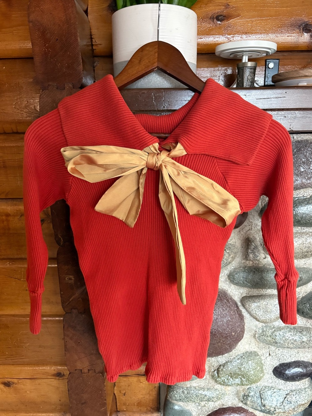 Deborah Korosec Studio Gang Orange Red Ribbed Off Shoulder Sweater Top